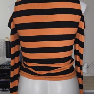 Orange and Black Striped Cold Shoulder Top